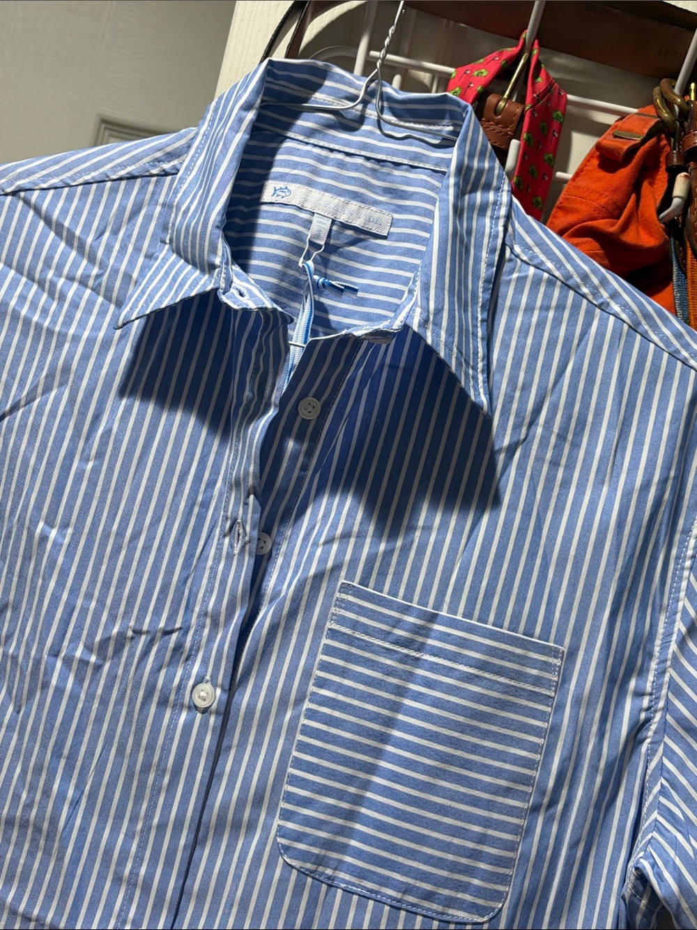 Southern Tide Blue and White Vertical Stripe Short-Sleeve Button-Down - Picture 6 of 7